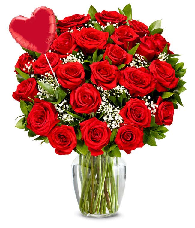 Two Dozen Red Roses + Heart Eye Emoji Balloon