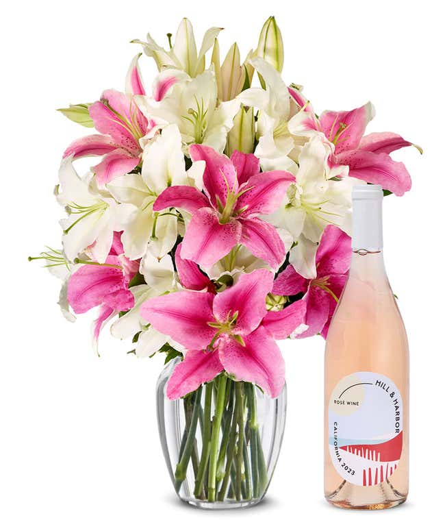 Pink and White Lilies with Ros&eacute; Wine
