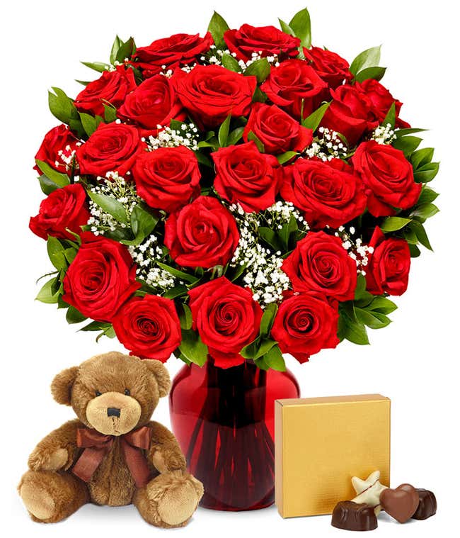 Two dozen red roses delivered with teddy bear and chocolates