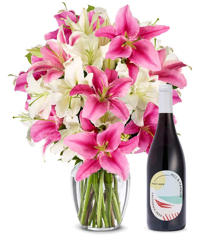 Premium Pink and White Lilies with Red Wine