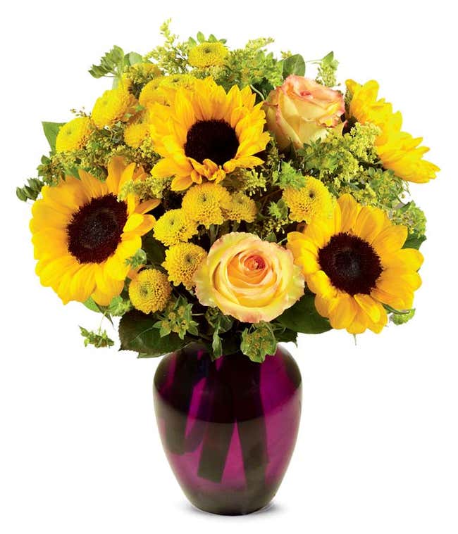 A bouquet featuring yellow/orange bi-color roses, sunflowers, yellow button poms, yellow solidago, and bupleurum, with an optional vase.