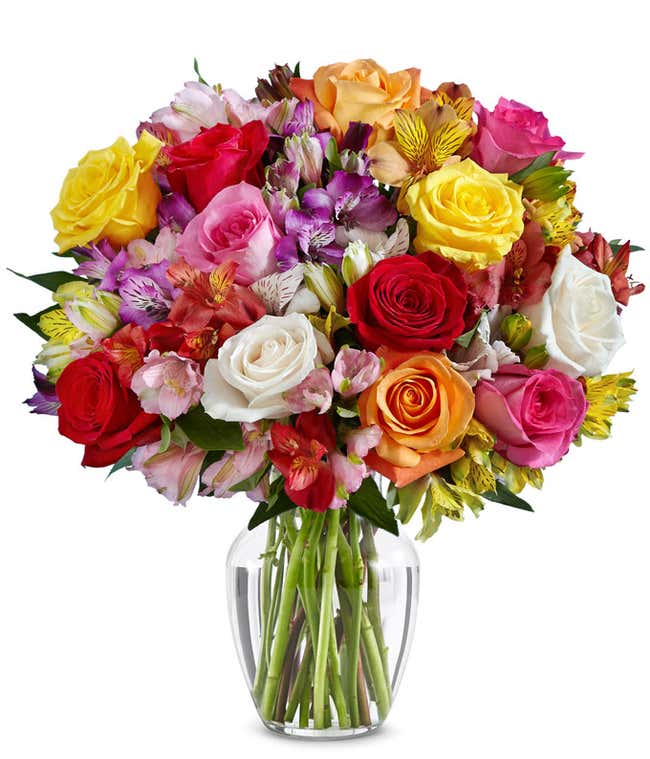 A bouquet of 12 mixed roses and alstroemerias, with an optional vase.