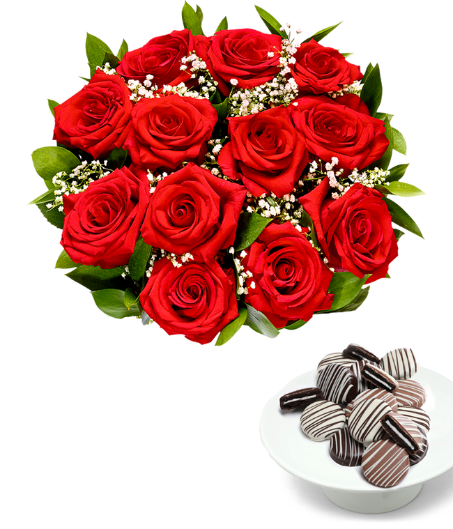 Partial image of One Dozen Roses with Chocolate Drizzled Oreos without vase.