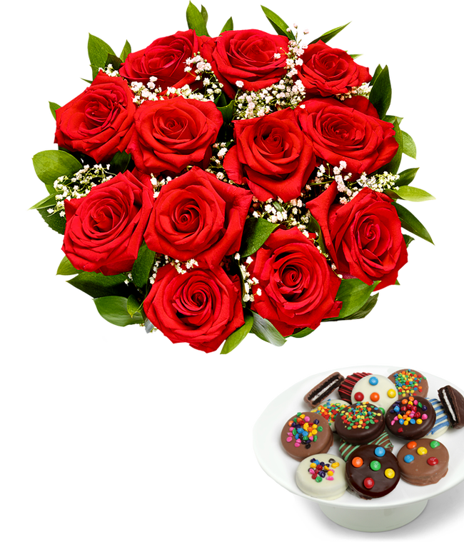Partial image of One Dozen Roses with Celebration Chocolate Oreos without vase.