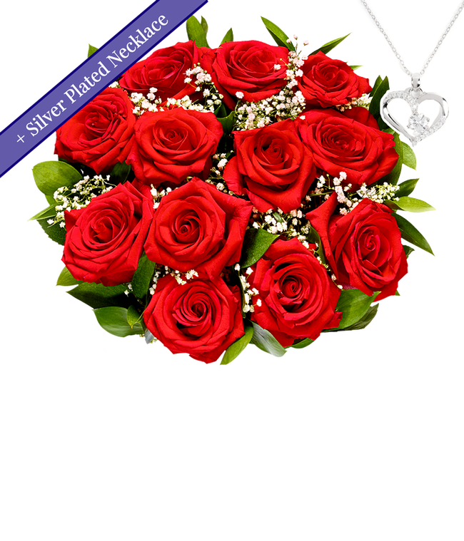Partial image of One Dozen Red Roses with Sterling Silver Heart Necklace without vase.