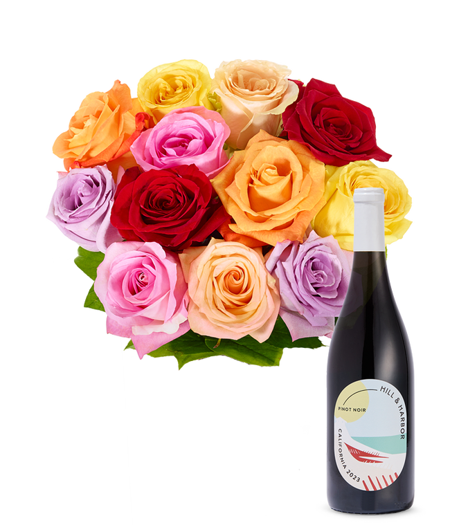 Partial image of One Dozen Rainbow Roses with Red Wine without vase.