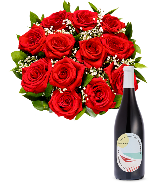 Partial image of One Dozen Red Roses with Red Wine without vase.