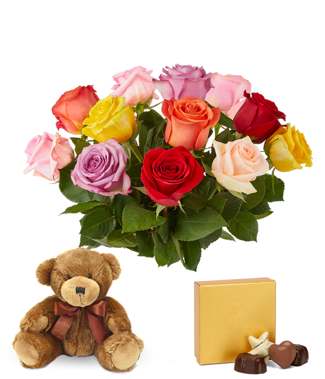 Partial image of Mixed roses, teddy bear and chocolates without vase.