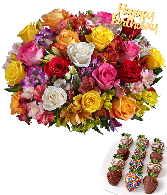 Partial image of Colorful birthday flower bouquet with mixed roses and alstroemeria in a clear glass vase, topped with a gold &ldquo;Happy Birthday&rdquo; pick, paired with an assortment of chocolate-covered strawberries decorated with sprinkles and drizzles. without vase.