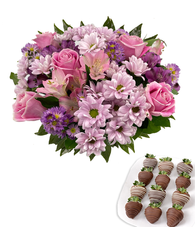 Partial image of Elegant bouquet of pink roses, lavender cushion poms, purple alstroemeria, pink alstroemeria, and purple asters in a clear glass vase, paired with swizzled chocolate-covered strawberries. without vase.